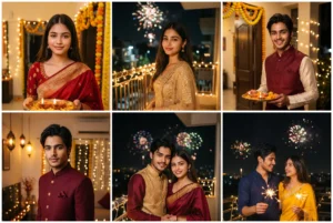 Collage of Diwali AI photo prompt results: girls in saree and lehenga, boys in kurta and sherwani, and couple Diwali portraits made with Gemini prompts