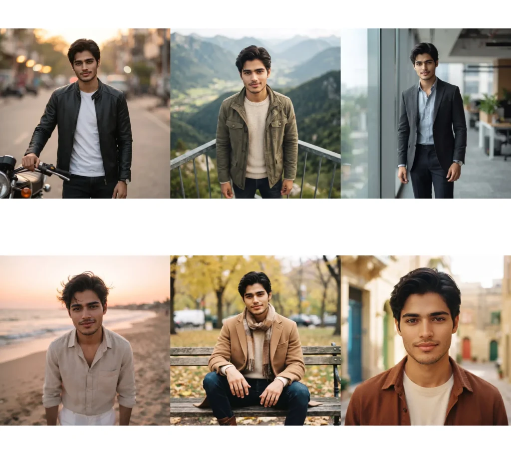 dp photo prompt for boys collage DP photo prompt for boys collage: bike, mountain, office, beach, park and old town looks made with Gemini