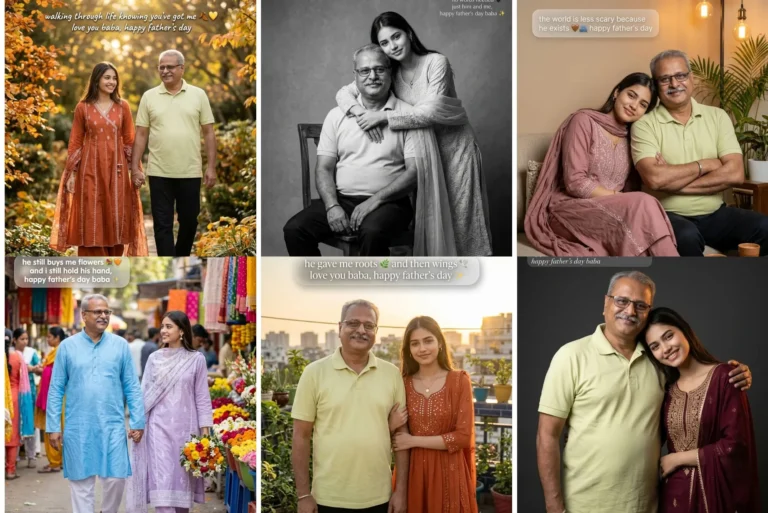 Father and daughter picture prompt results: garden walk, black and white studio portrait, golden hour rooftop and flower market photos made with Gemini AI prompts