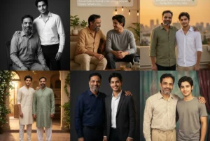 Father and son picture prompt results: studio portrait, golden hour rooftop, cozy home and heritage haveli photos made with Gemini AI prompts