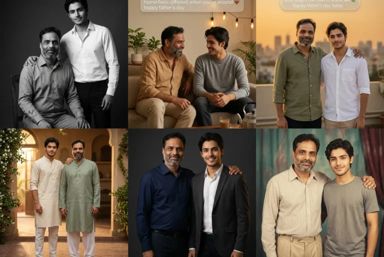 Father and son picture prompt results: studio portrait, golden hour rooftop, cozy home and heritage haveli photos made with Gemini AI prompts
