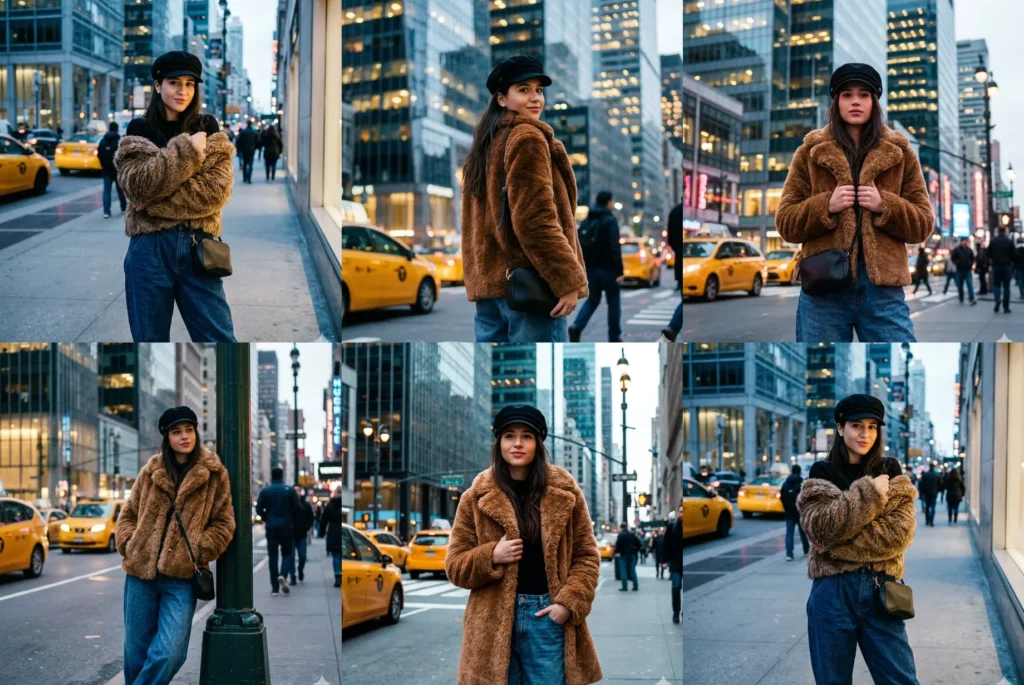 gemini ai prompt for girls urban portrait in brown fur coat results collage Brown fur coat urban portrait results for girls: five street style poses made with Gemini AI photo prompts