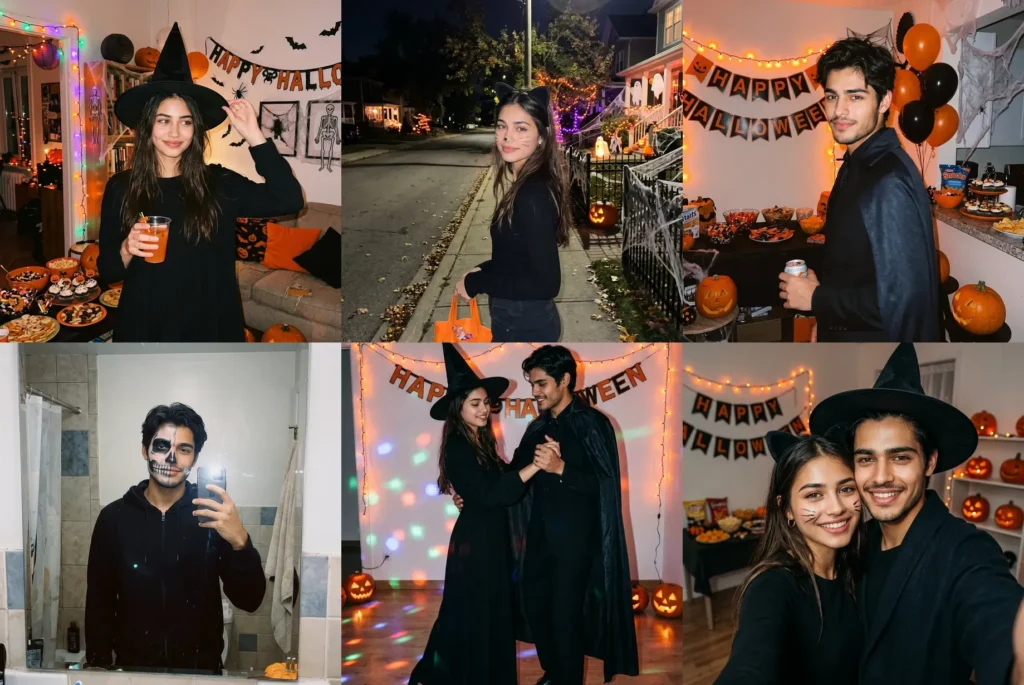 Collage of Halloween AI photo prompt results: candid witch party, vampire, skeleton makeup and couple costume photos made with Gemini prompts