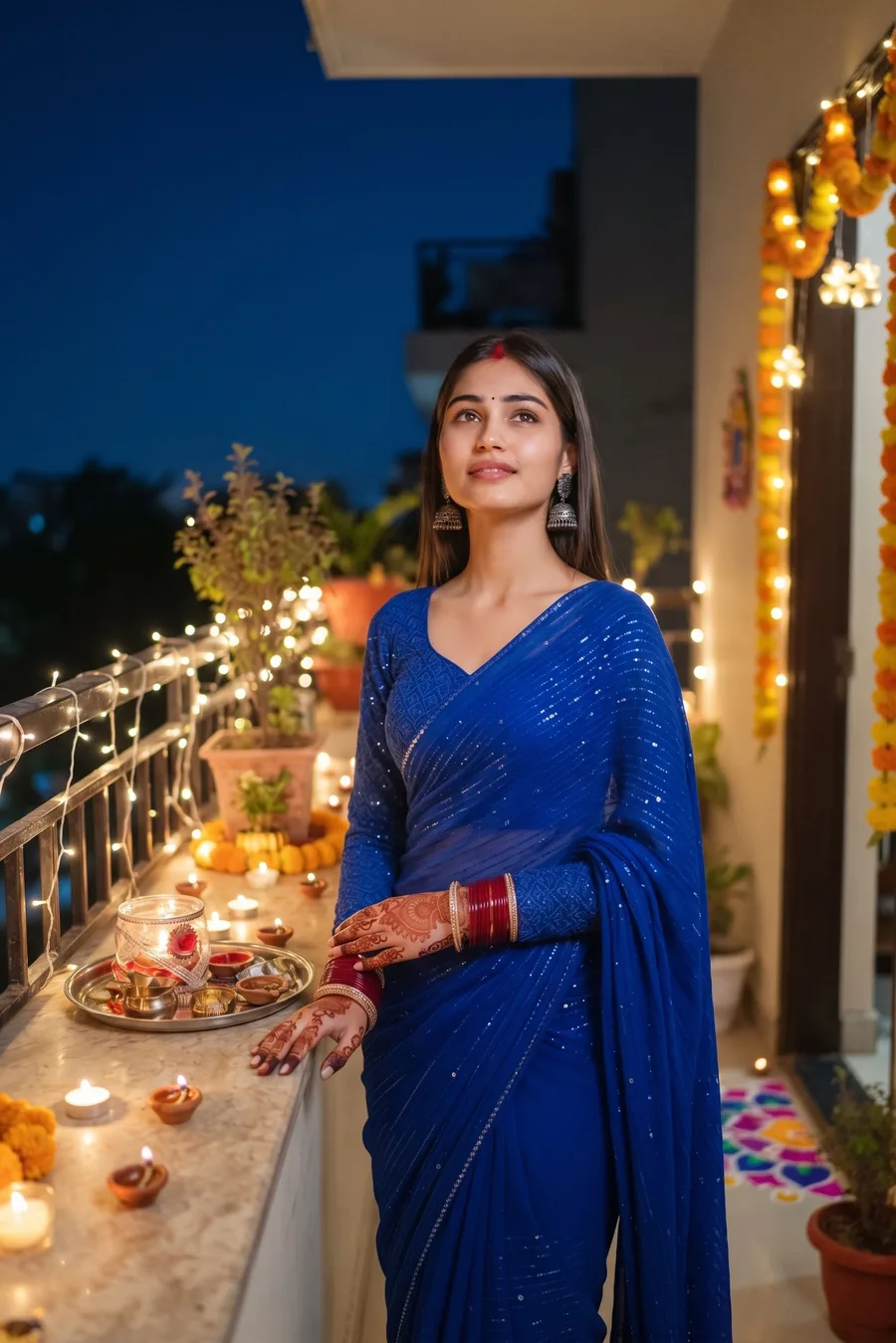 Waiting for the Moonrise — Blue Saree Balcony Look