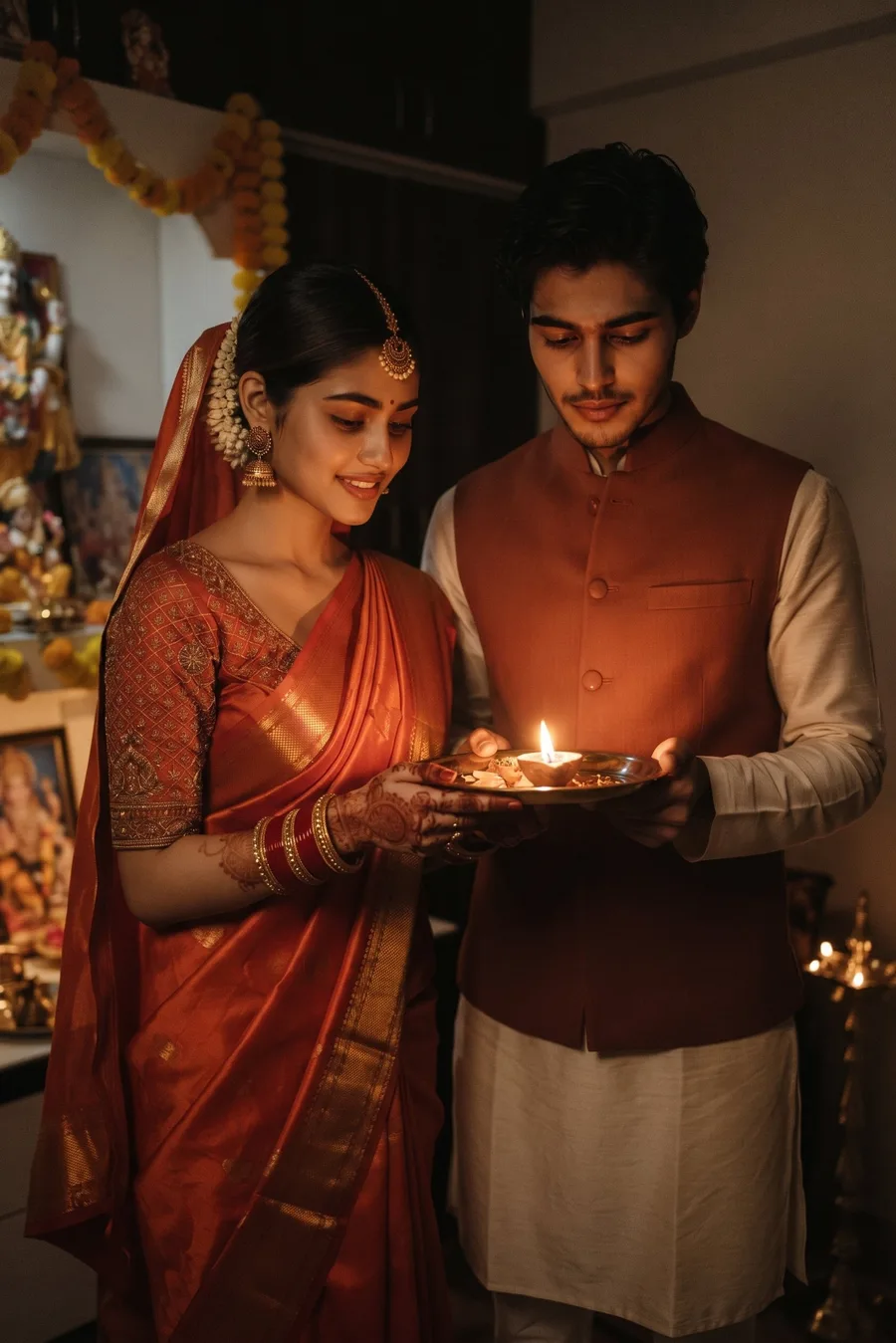 Aarti Together — Diya Thali Couple Look