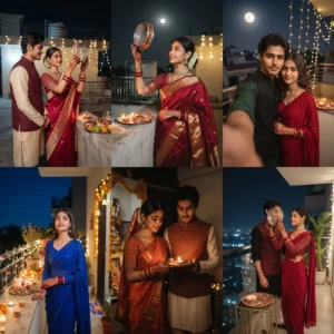 Karwa Chauth photo prompt results collage — women and couple in saree, sieve and moon, aarti and terrace looks