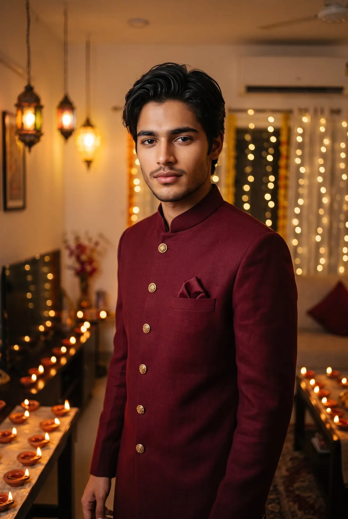 Maroon Sherwani Diwali Boy Photo Prompt