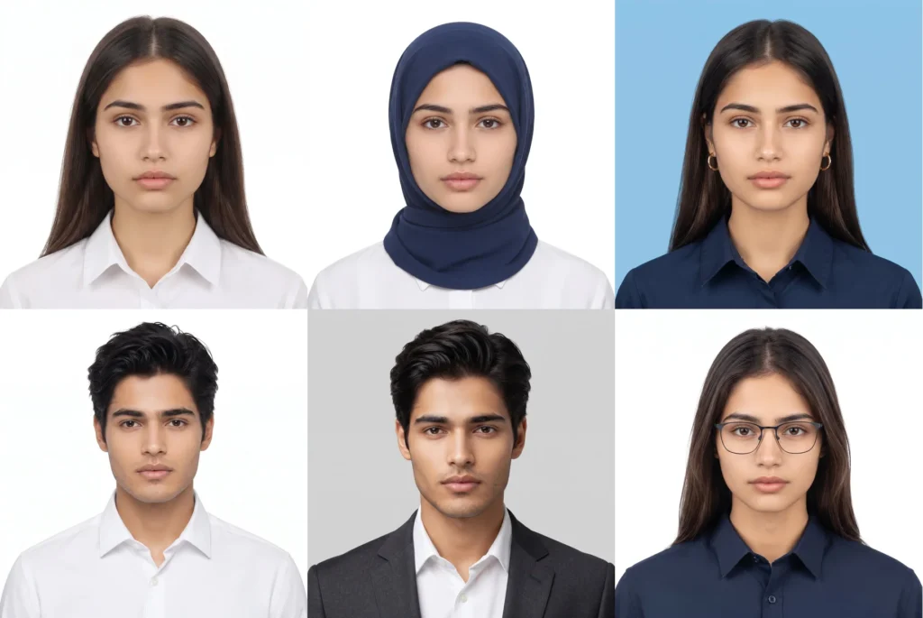 Passport photo prompt results: white background, hijab friendly, blue background, formal shirt, blazer and glasses passport photos made with Gemini AI prompts