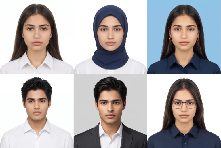 Passport photo prompt results: white background, hijab friendly, blue background, formal shirt, blazer and glasses passport photos made with Gemini AI prompts