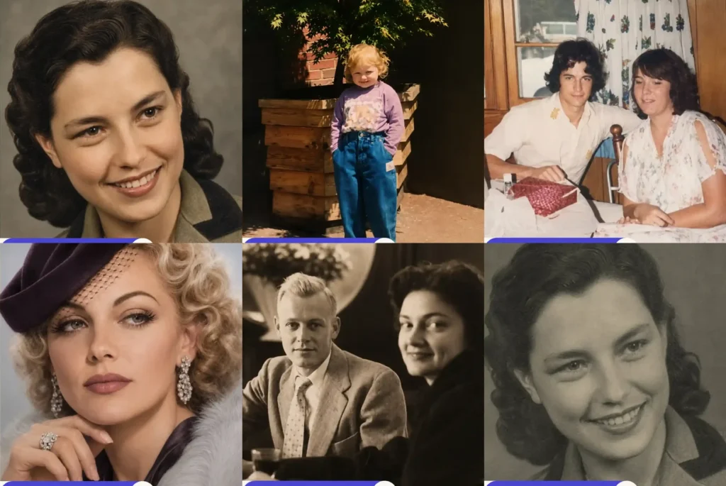 Photo restoration prompt results: old torn, faded, scratched and black and white photos restored and colourised