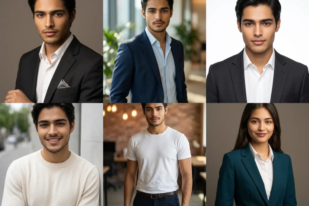 Professional photo prompt results: LinkedIn headshot, resume photo, corporate bio and outdoor smart casual portraits