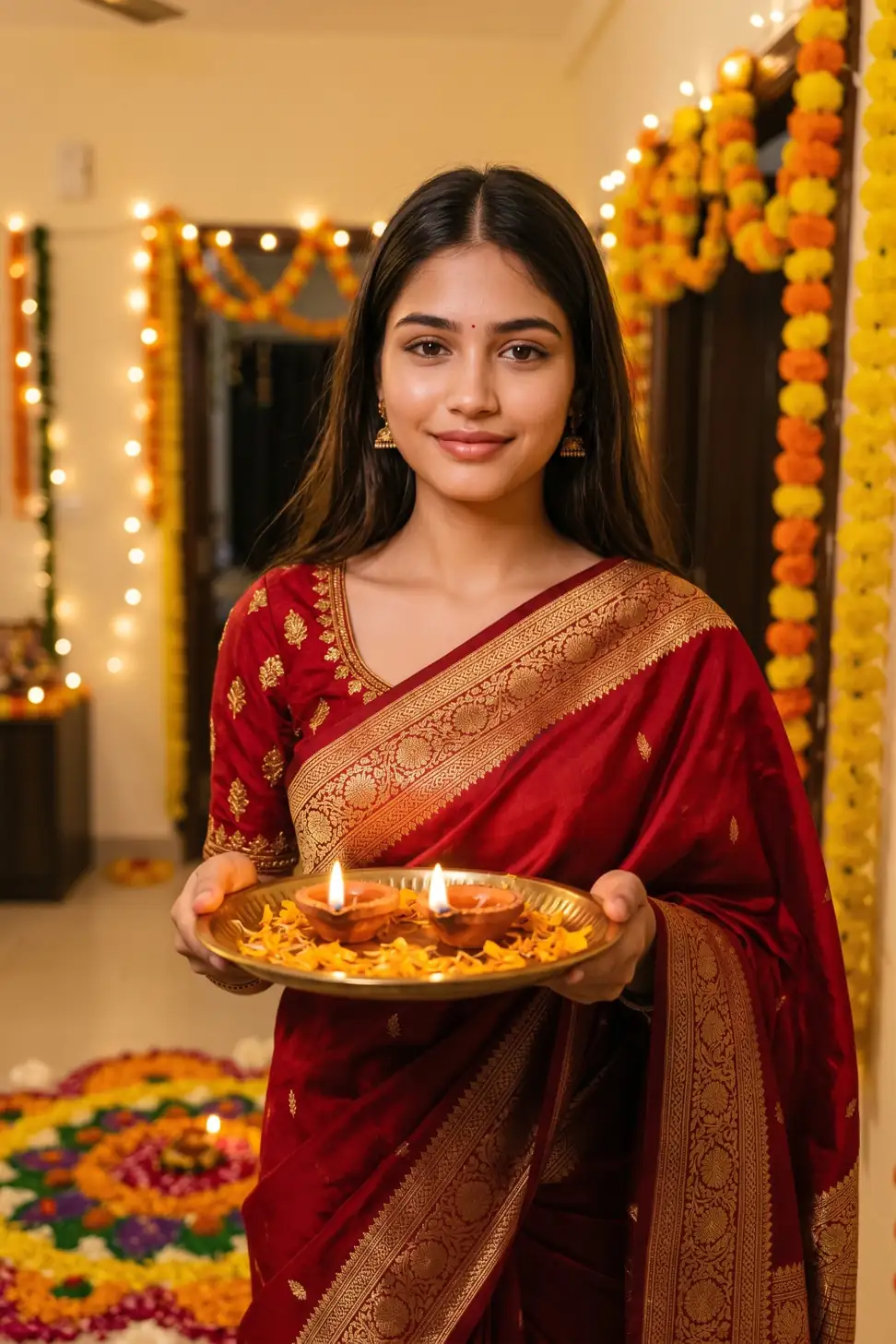 Red Banarasi Saree Diwali Girl Photo Prompt
