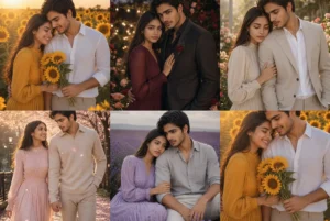 Romantic floral couple photo prompt results: sunflower field, rose garden, cherry blossom and lavender field portraits