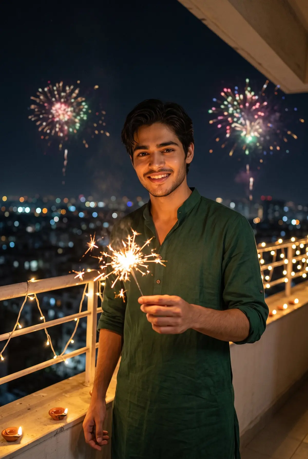 Rooftop Fireworks Diwali Boy Photo Prompt