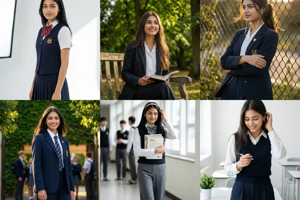 School photo prompt results: white studio portrait, school garden, corridor, hallway and golden hour uniform portraits