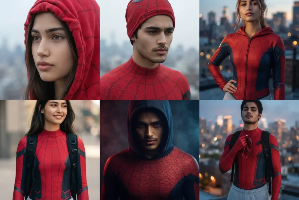 Spiderman photo prompt results: Spiderman suit, hood and mask looks on rooftops, streets and city skylines