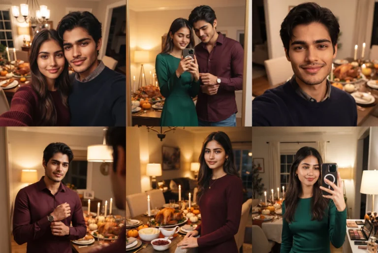 Thanksgiving photo prompt results collage: mirror selfies, dinner table portraits and porch looks made with Gemini