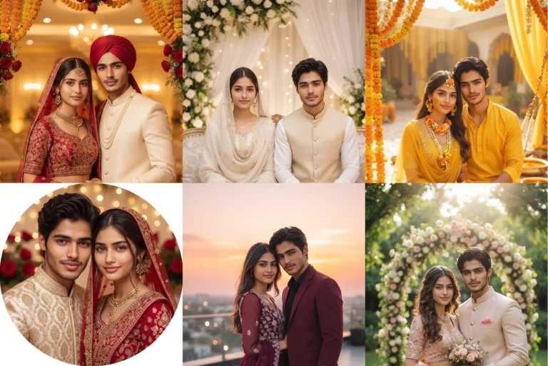Wedding couple photo prompt results collage: red bridal, Nikah, Haldi, royal palace, garden and pre wedding looks made with Gemini AI prompts